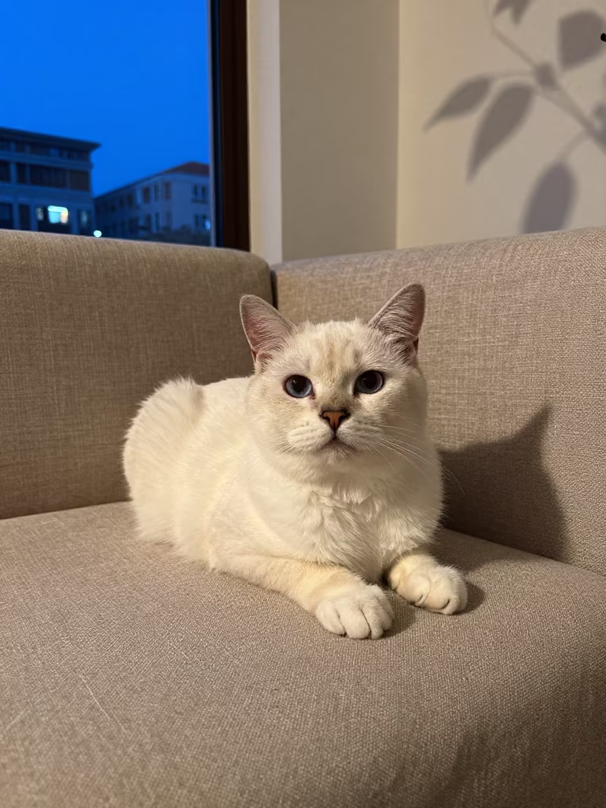 Snowshoe Cat on Linen Sofa in Çanakkale in on a linen sofa with daylight from a nearby window in Çanakkale