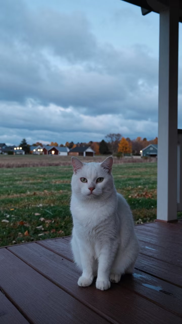 Snowshoe Cat on Shaded Almere Porch at Dusk in in a small yard with clipped grass, calm light, and the animal centered in frame in Almere
