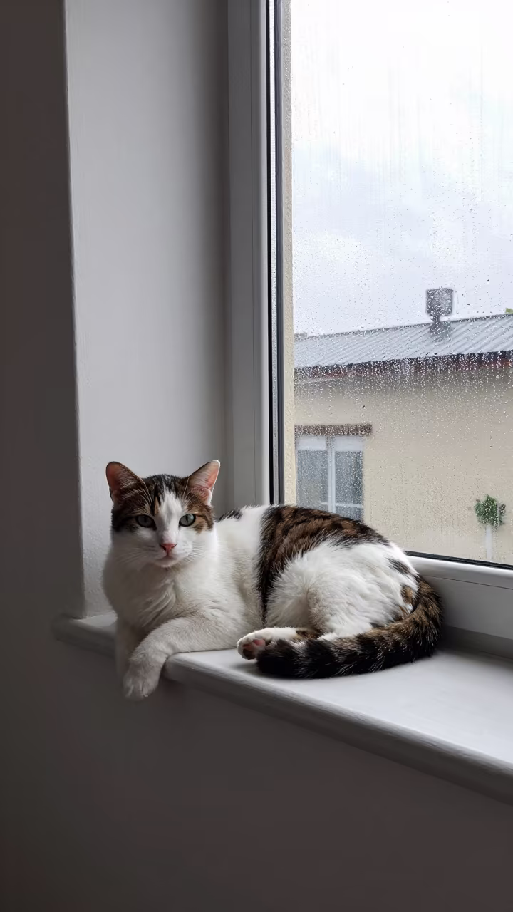 Snowshoe Cat on Window Seat in Zapopan Rain in on a window seat in a quiet apartment with soft side light in Zapopan