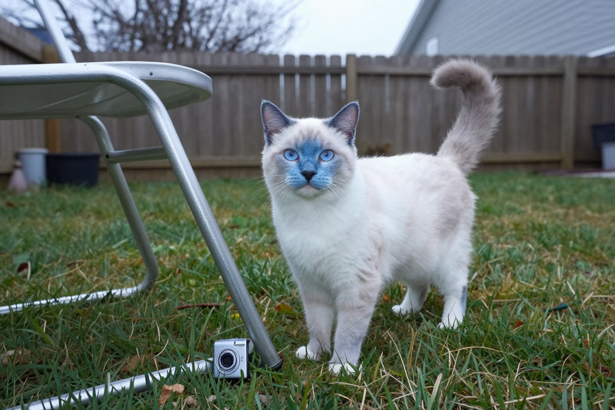 Snowshoe Cat Portrait in Coventry Yard in in a small yard with clipped grass, calm light, and the animal centered in frame in Coventry