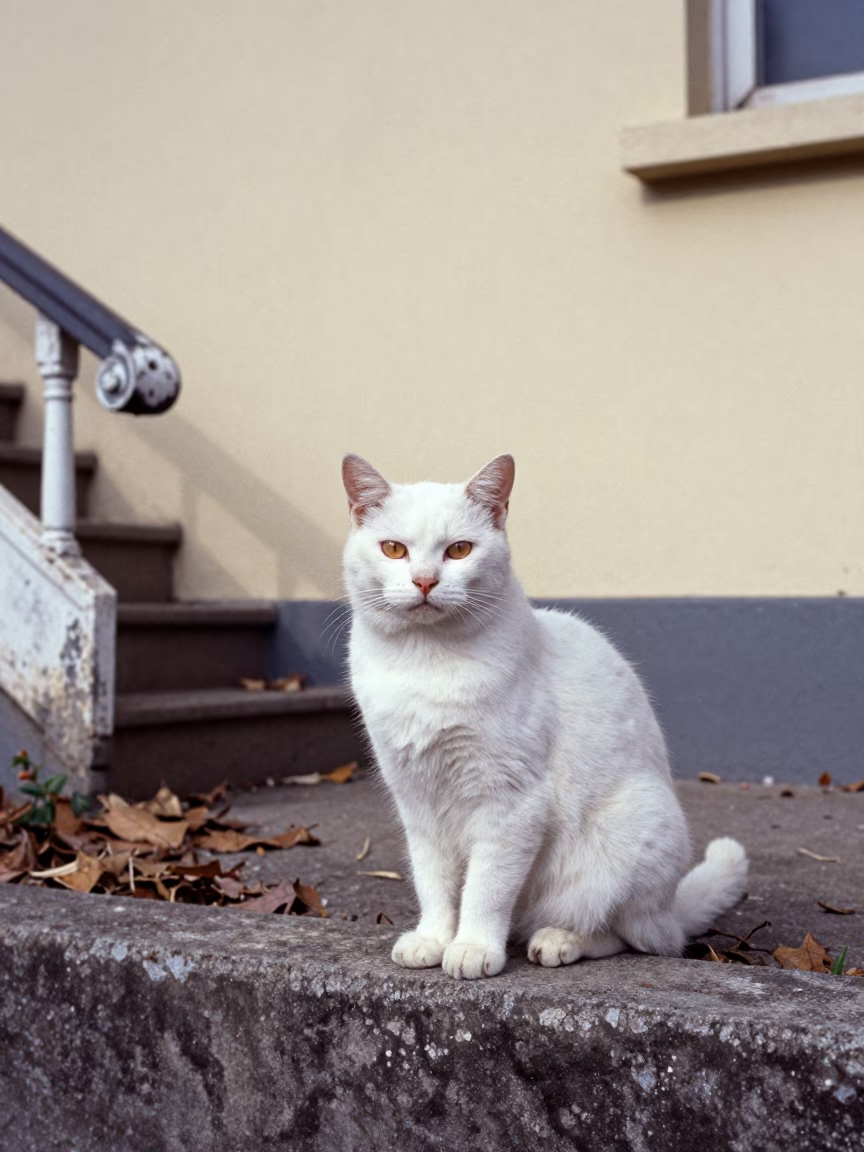 Snowshoe Cat Portrait Lusaka Courtyard in beside a plain courtyard wall in clear daylight with the animal at eye level in Lusaka