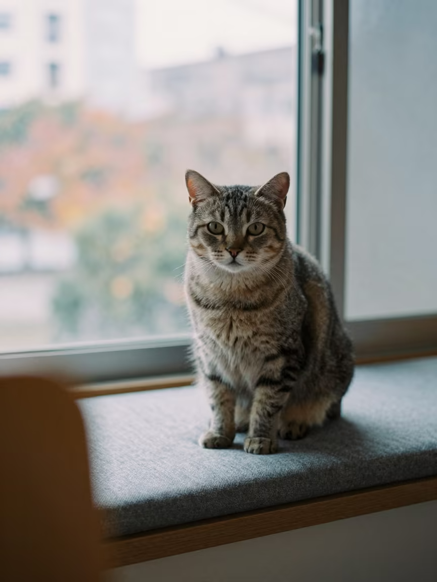 Snowshoe Cat Portrait on Hiroshima Window Seat in on a cushioned window seat with soft side light and an uncluttered background in Hiroshima