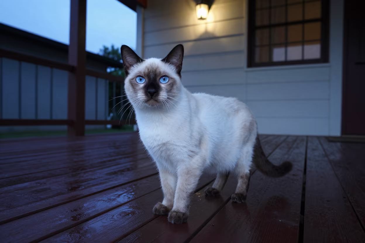 Snowshoe Cat Portrait on Puerto Cabello Porch in on a shaded front porch with boards, railings, and eye-level framing in Puerto Cabello