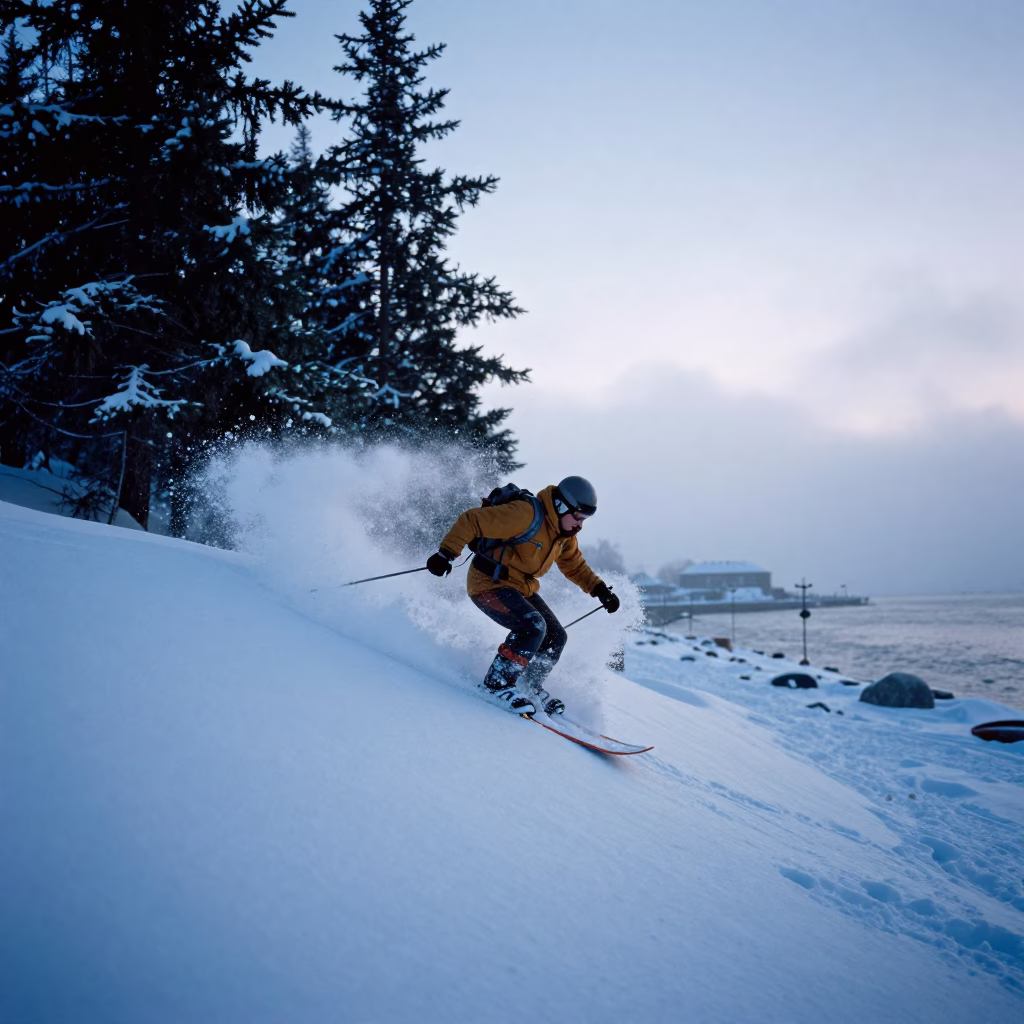 Snowshoer Climbing Spruce Shadows at Urumqi Harbor in at a harbor quay near Urumqi