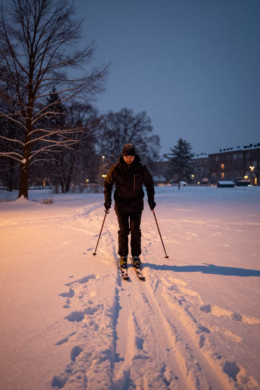 Snowshoer on Frozen Meadow in Stockholm in on a mountain path near SOFO, Stockholm