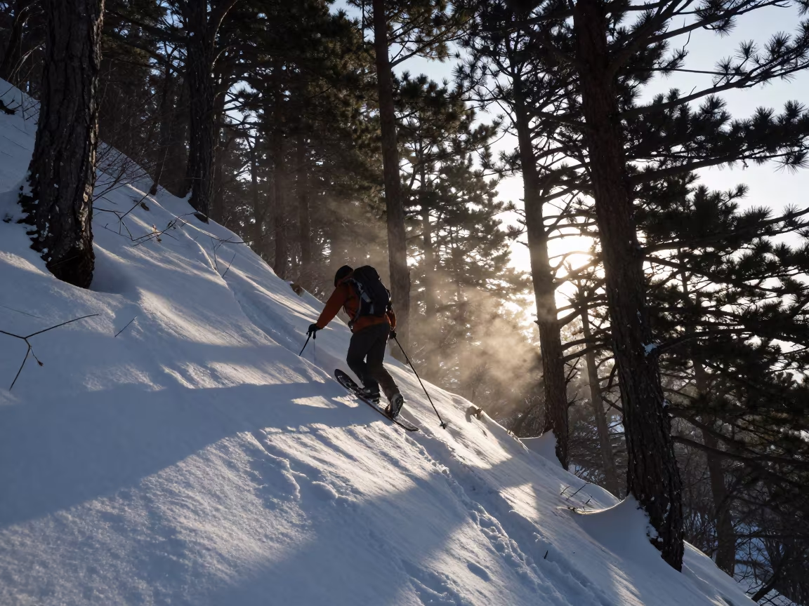 Snowshoer in Spruce Shadows Jeju Twilight Climb in on a mountain path near Jeju