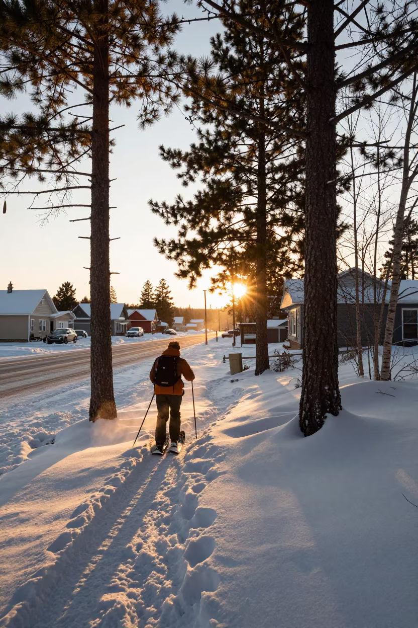 Snowshoer in Panama City Evening Powder in in a village lane near Panama City