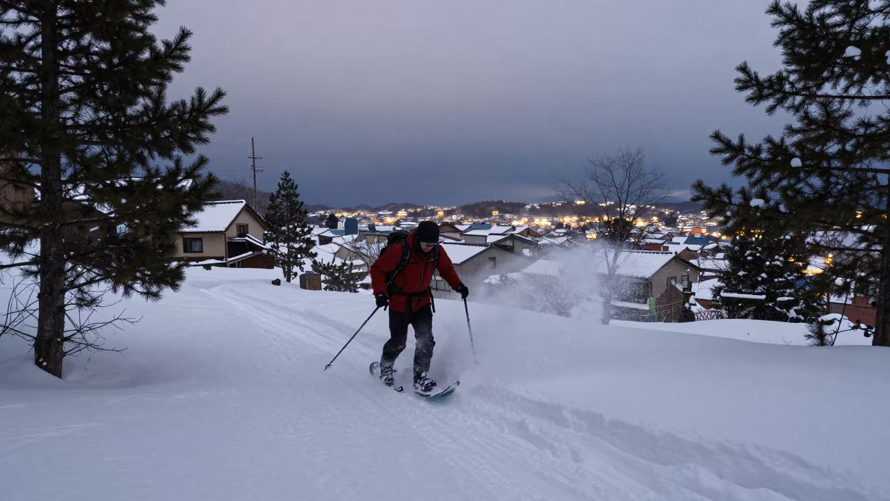 Snowshoer in Summer Twilight Osaka Lane in in a village lane near Namba, Osaka