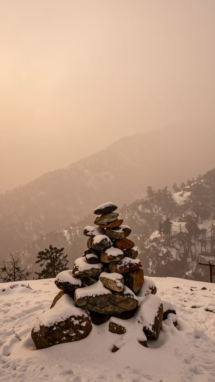 Snowstorm Cairn Above Tree Line Shimla Dusk in beside a summit cairn above the tree line near Shimla