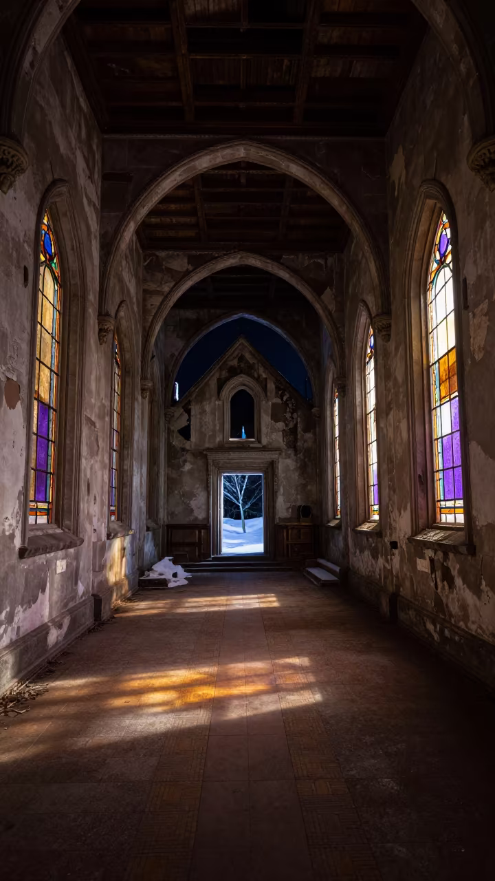 Snowy Chapel Ruin Inside Sapporo Monastery in along a monastery corridor in Sapporo