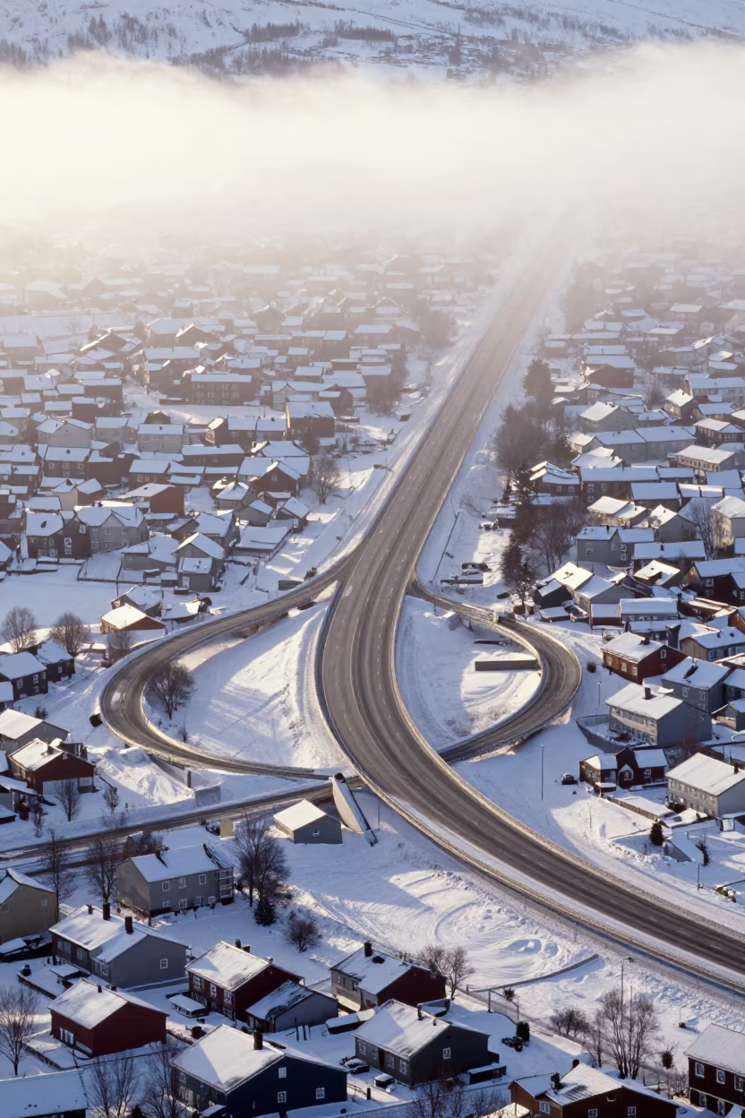Snowy Cloverleaf Highway Above Tromsø in high above patterned rooftops near Tromsø