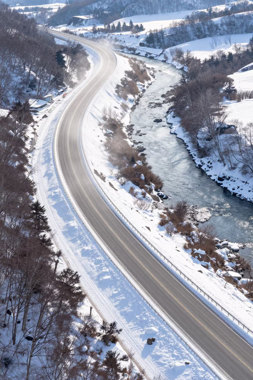 Snowy Cloverleaf Highway Over Hokkaido River in far above river meanders in Hokkaido