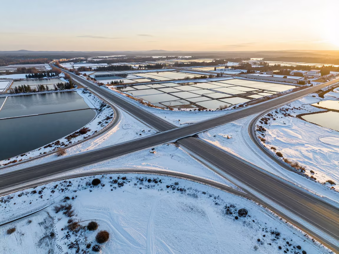 Snowy Cloverleaf Highway Over Salt Ponds BC in high over salt ponds and causeways in British Columbia