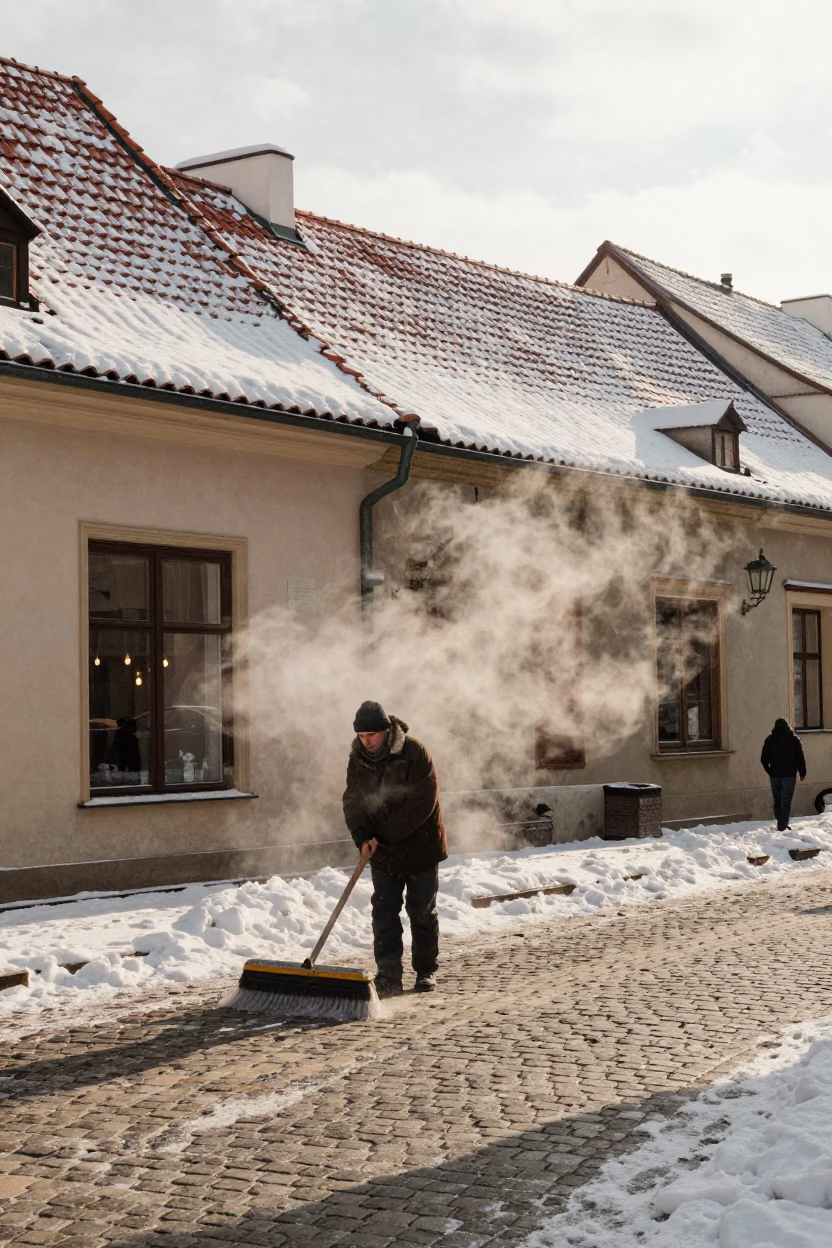 Snowy Cobblestones in Krakow in in Krakow, Poland
