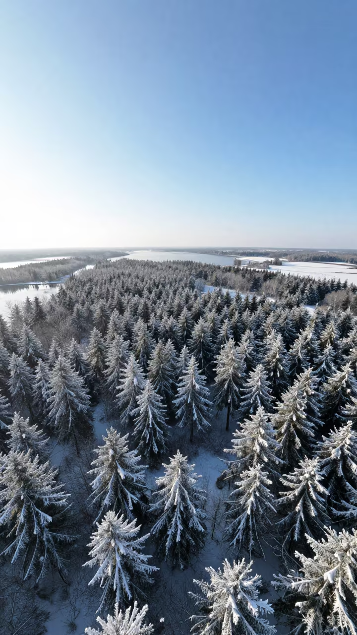 Snowy Forest Plain Drone View Noon Rainy Season in across a storm-bright plain near Bimbo