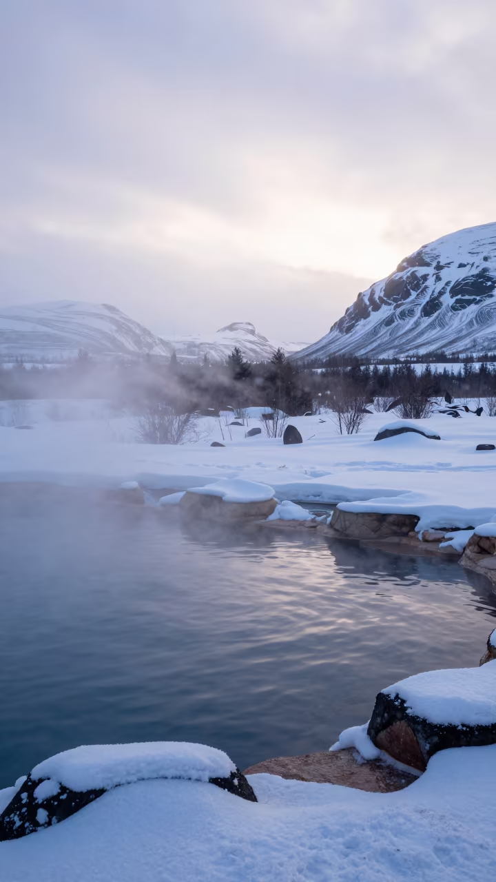 Snowy Hot Spring Pool in Kiruna Dawn Valley in across a wide valley floor near Kiruna