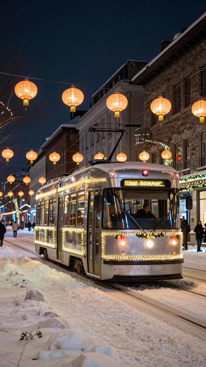 Snowy Montreal Avenue Night Tram Decorated for Christmas with Paper Lanterns in in Montreal, Quebec, Canada