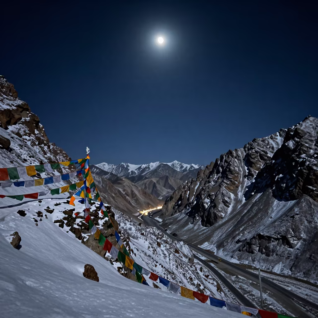 Snowy Mountain Pass Under Full Moon Light in on a wind-cut ridge below prayer flag lines near Leh