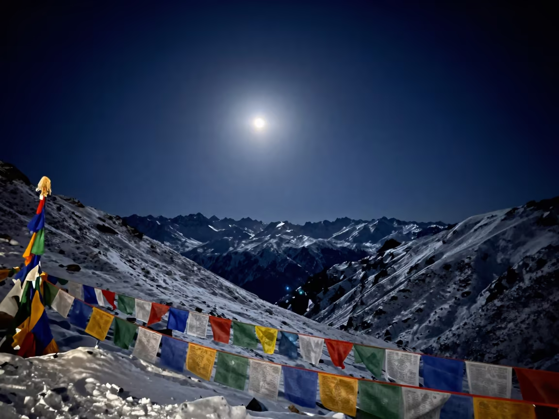 Snowy Mountain Pass Under Full Moon Light in along a high mountain pass beneath prayer flags near Shimla