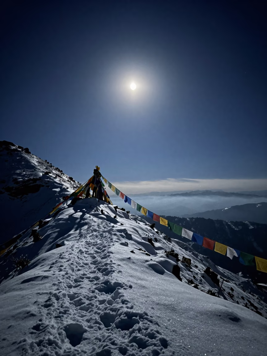 Snowy Mountain Pass Under Full Moon Near Thimphu in on a wind-cut ridge below prayer flag lines near Thimphu