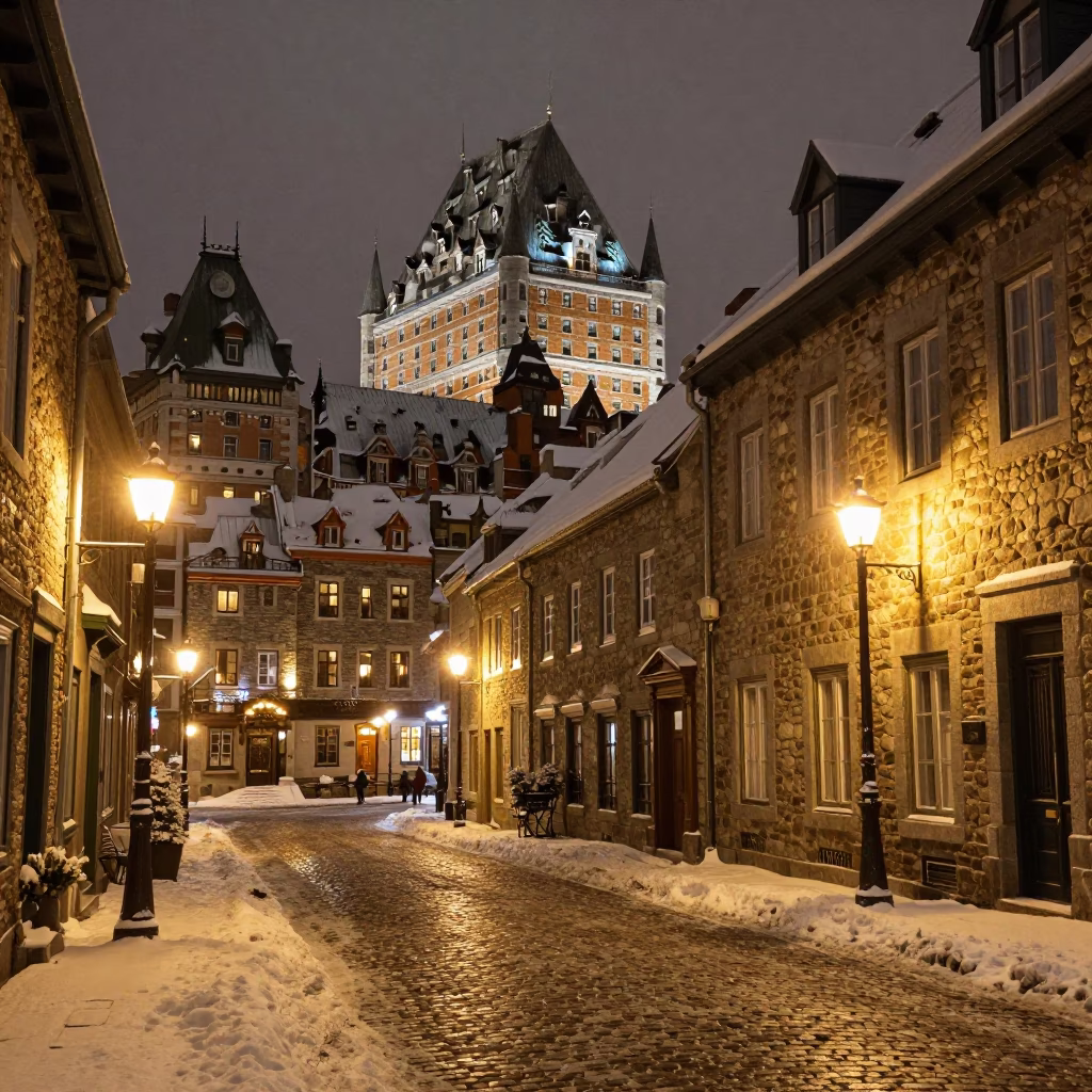 Snowy Night Scene in Quebec City with Historic Stone Architecture and Streetlights in in Quebec City, Quebec, Canada