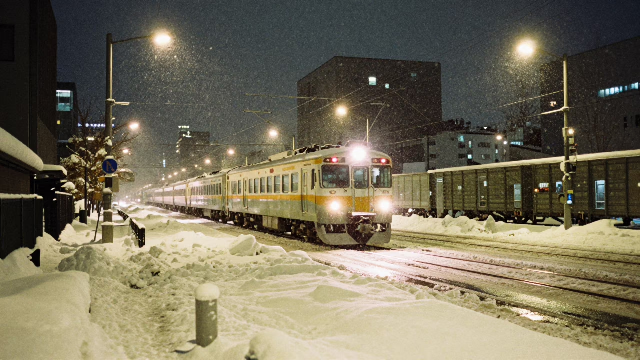 Snowy Night Street Scene in Sapporo Japan with Freight Train and Husky in in Sapporo, Japan