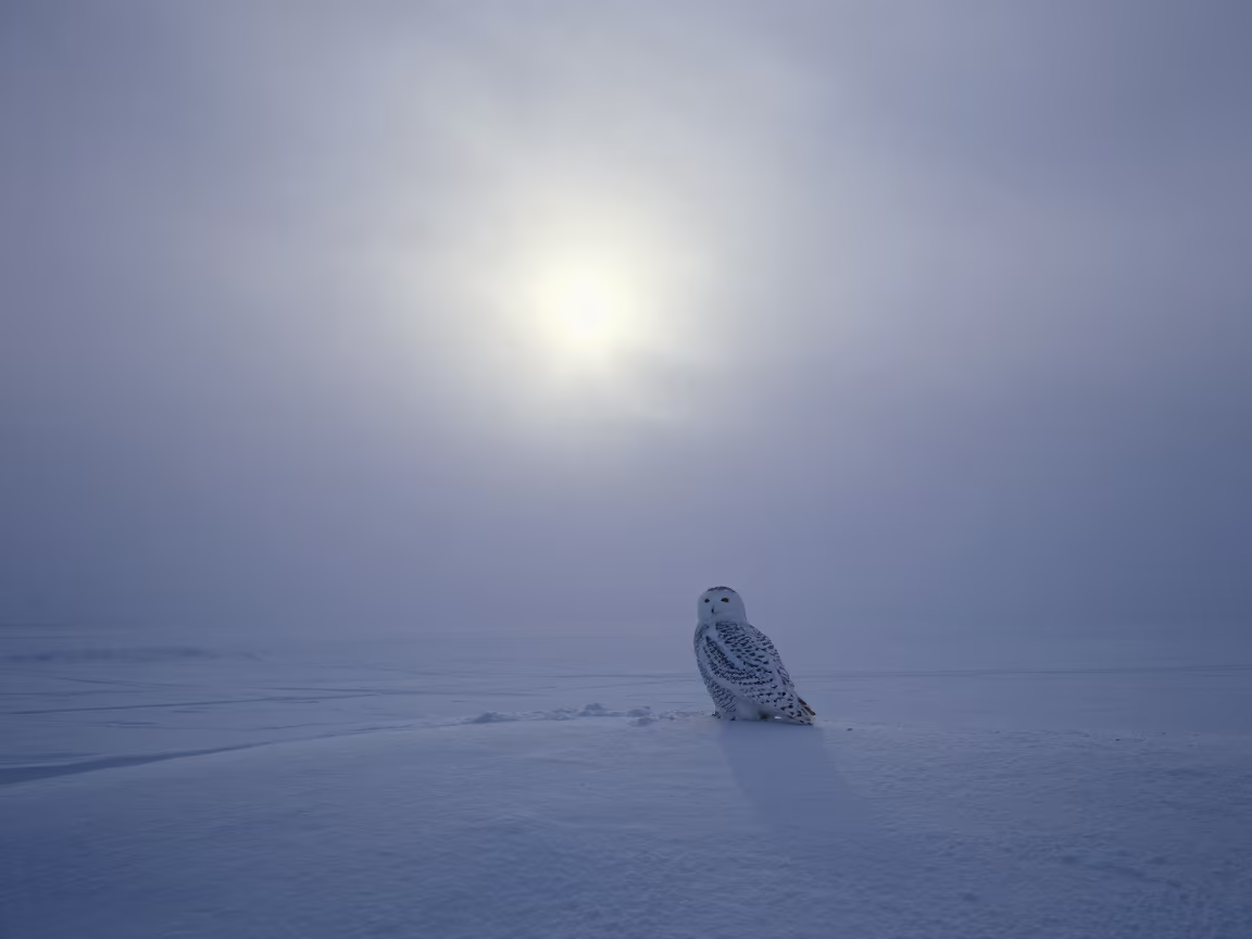 Snowy Owl Amidst Blizzard in Alaska in beneath fast-moving cloud bands in Alaska
