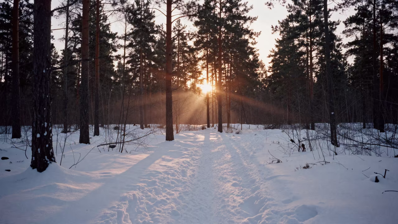 Snowy Pine Forest Floor Under Clouds in beneath fast-moving cloud bands near Luena