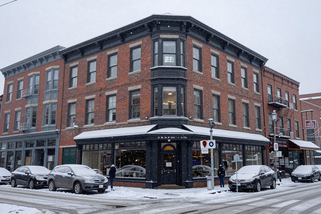 Snowy Portland Street Corner with Brick Buildings and Winter Light in in Portland, Oregon, United States