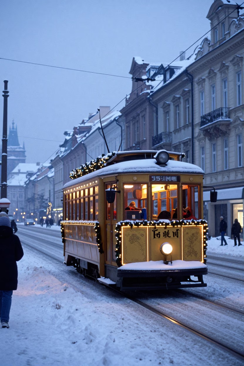Snowy Prague Avenue at Dawn with Decorated Christmas Tramcar Passing Historic Buildings in in Prague, Czech Republic