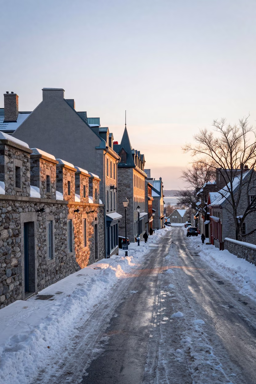 Snowy Quebec City Street at Sunrise with Historic Stone Walls and Winter Morning Commuters in in Quebec City, Quebec, Canada