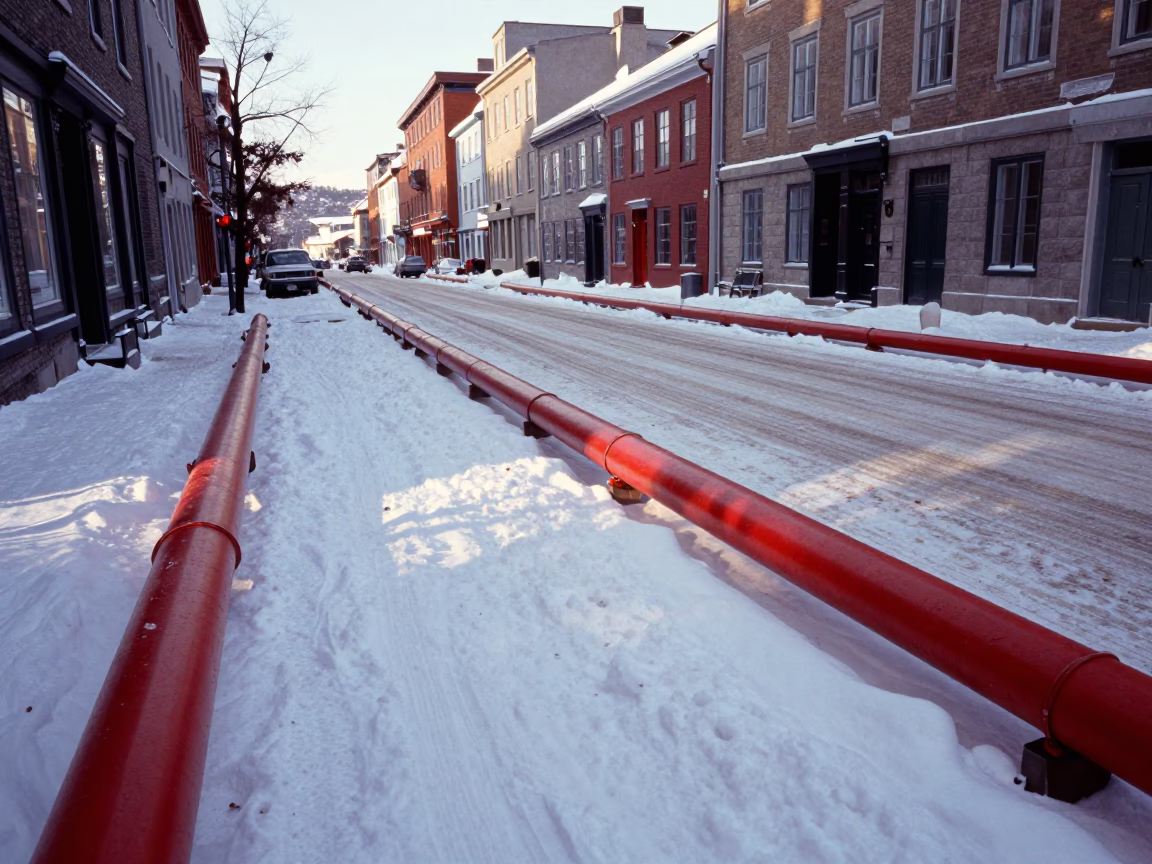 Snowy Quebec City Street with District Heating Pipes and Winter Pedestrians in Early Afternoon in in Quebec City, Quebec, Canada