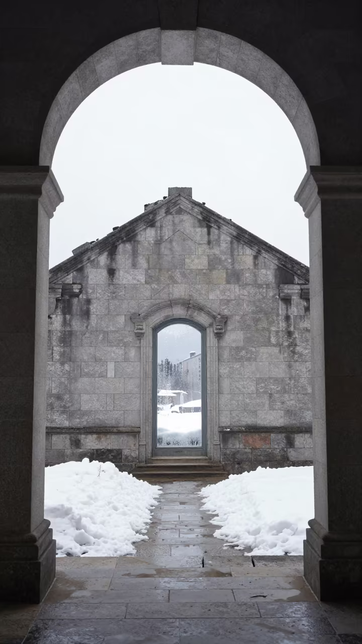 Snowy Ruin Chapel View Through Sapporo Cloister in inside a quiet cloister passage in Sapporo