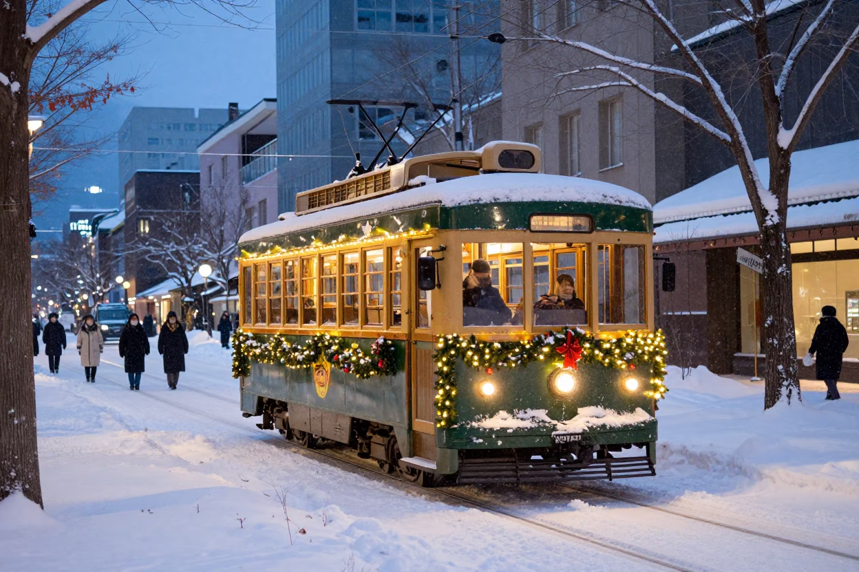 Snowy Sapporo Evening Tramcar Decorated for Christmas with Passengers in Winter Coats in in Sapporo, Japan