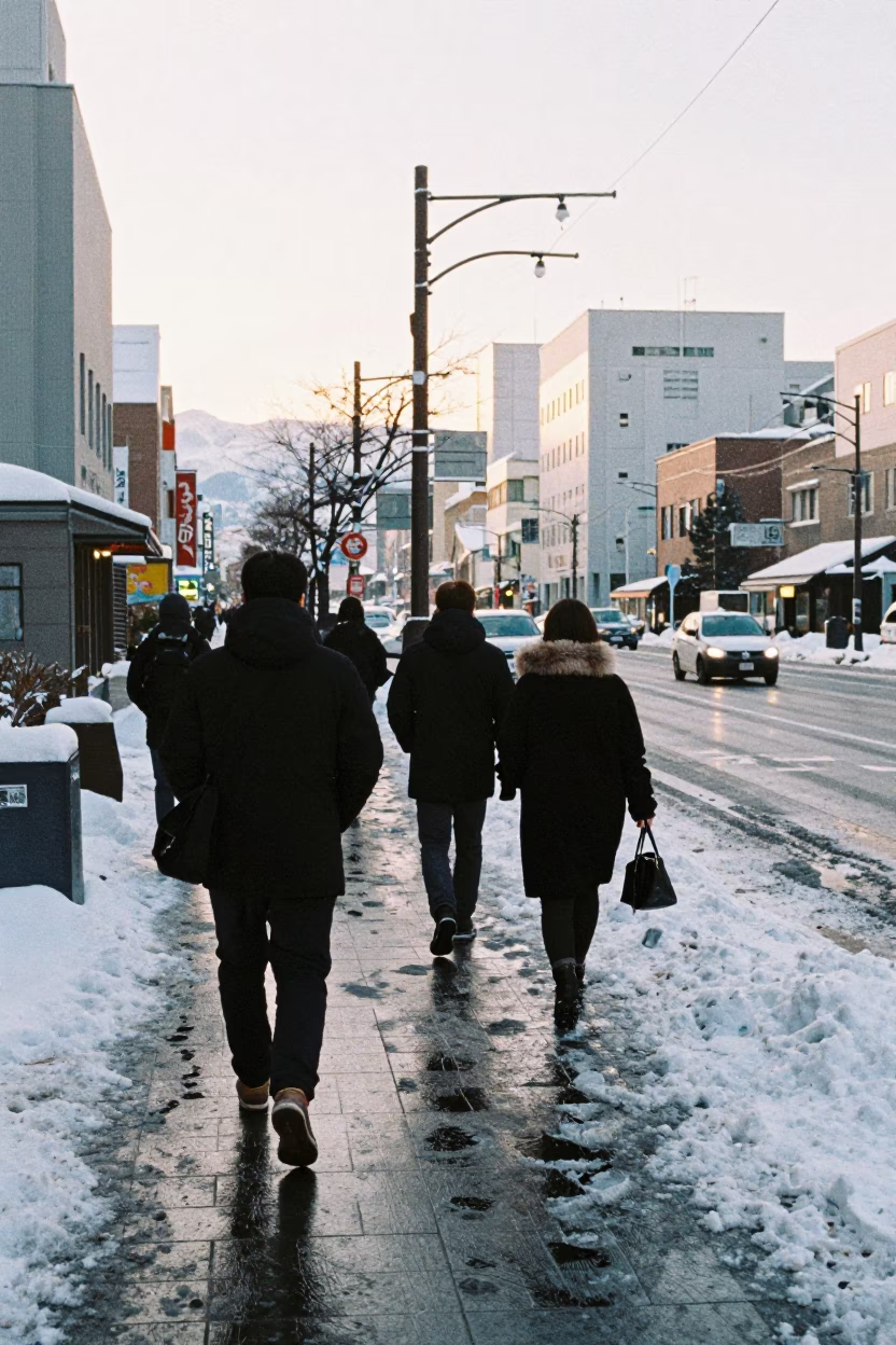 Snowy Sapporo Street Scene Just After Sunrise with Wet Slush and Local Foot Traffic in in Sapporo, Japan