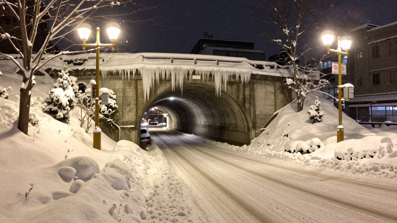 Snowy Sapporo Street Scene Late Night with Tunnel Portal and Icicles in in Sapporo, Japan