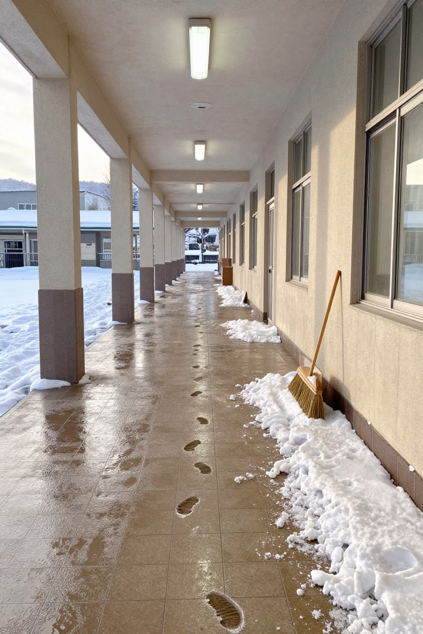 Snowy School Corridor in Sapporo Japan with Wet Footprints and Brooms in in Sapporo, Japan