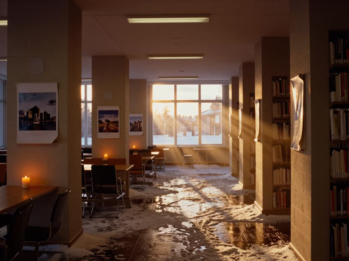 Snowy School Corridor Library at Midnight Sun in inside a campus library reading room near Rovaniemi