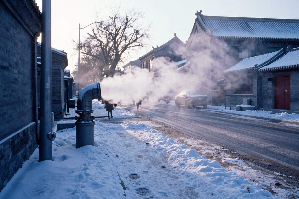 Snowy Sidewalk in Beijing at As First Light Reaches The Scene in in Beijing, China