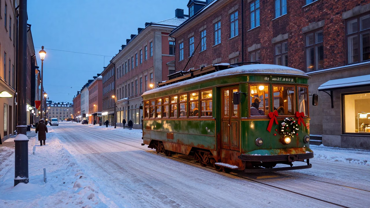 Snowy Stockholm Blue Hour Street Scene with Christmas Tramcar and Rusty Bench in in Stockholm, Sweden