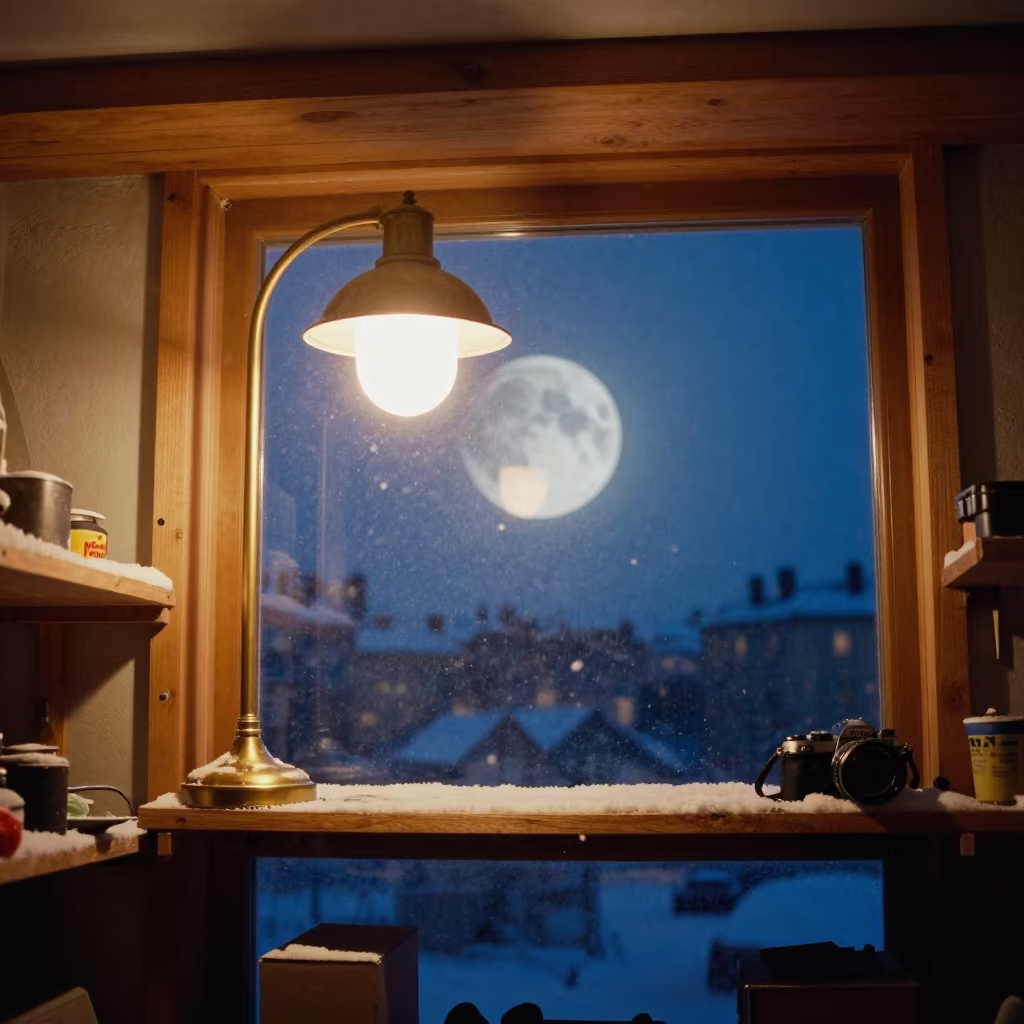 Snowy Streetlamp and Ringed Planet Shelf in on a workshop shelf near Stockholm