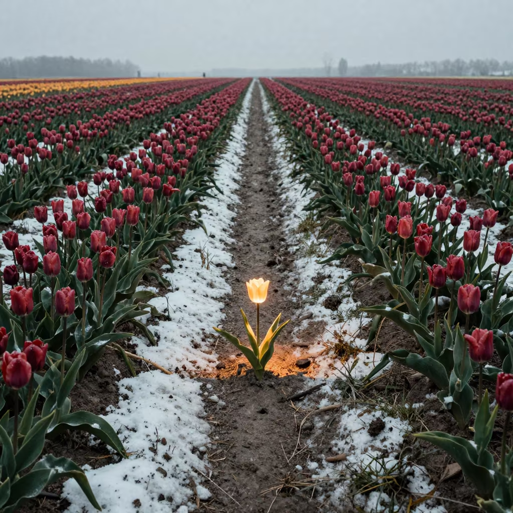Snowy Tulip Fields Glowing Autumn Ridge in from a ridge above layered foothills in Netherlands