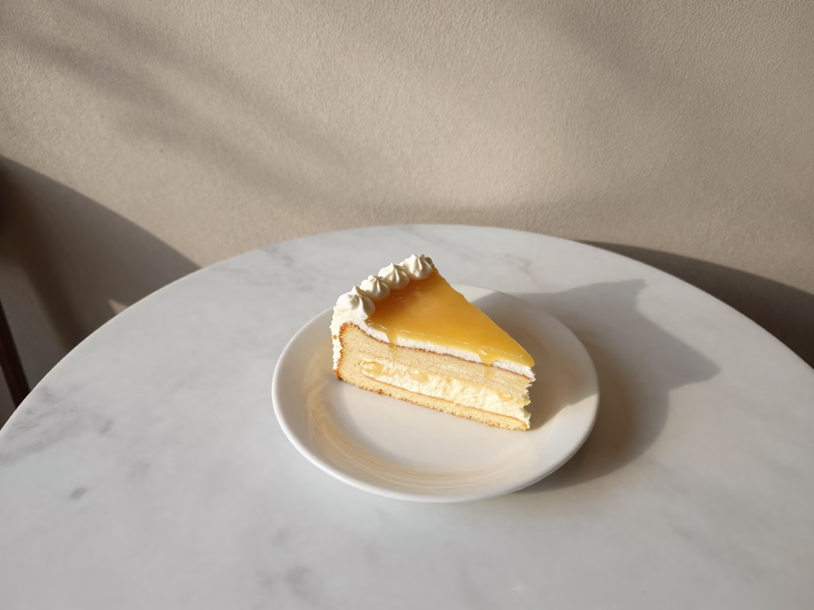 Soaking Tres Leches Cake Slice on Marble Table in on a marble cafe table in Chiba
