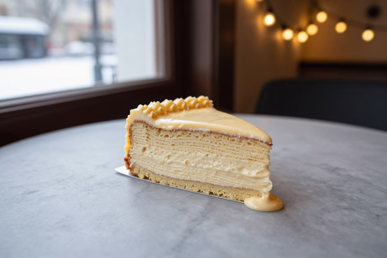 Soaking Tres Leches Slice on Marble Cafe Table in on a marble cafe table in Ningbo