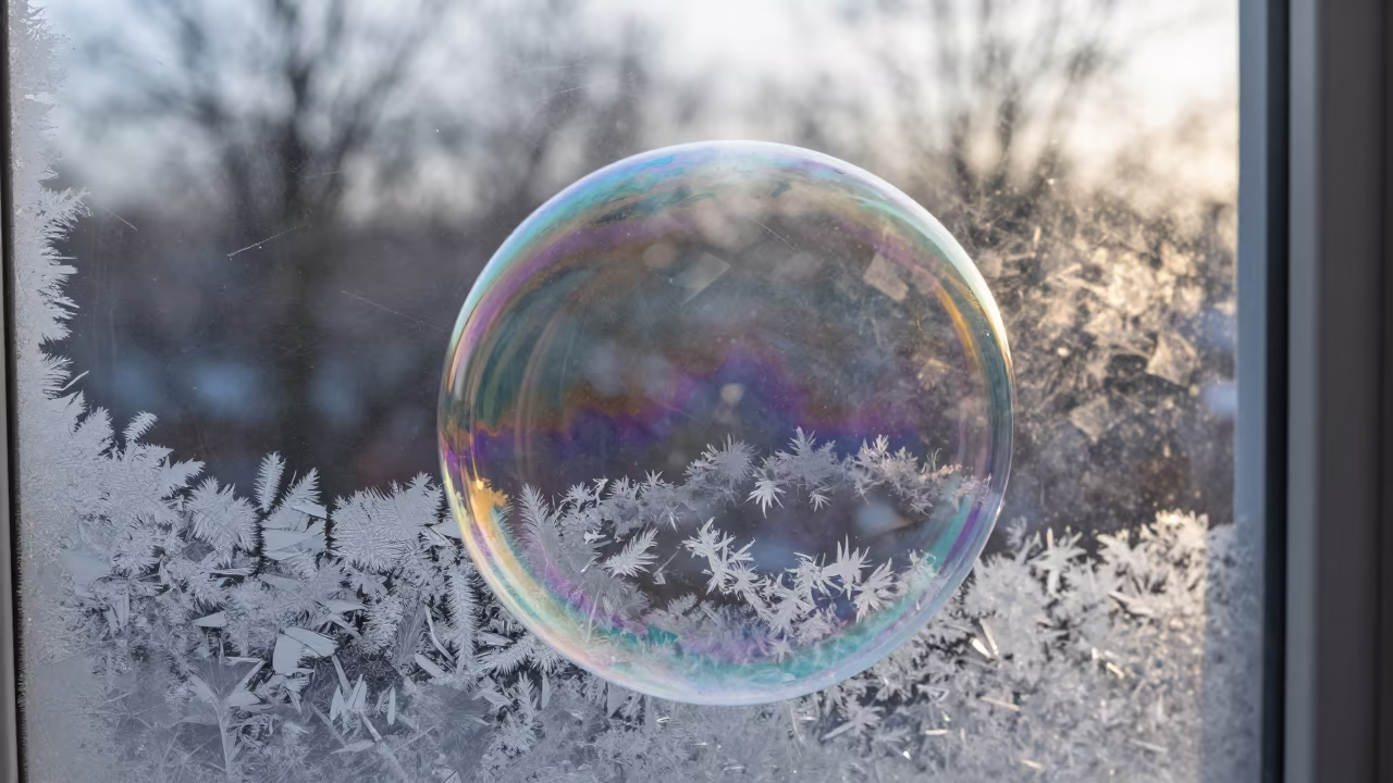 Soap Bubble Interference Colors on Frost Window in along a frost-edged windowpane in Milagro