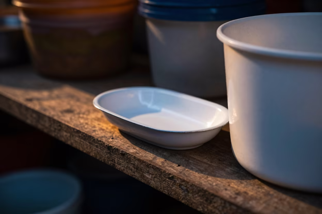 Soap Dish on Wooden Shelf Before Dawn in on a wooden shelf inside a covered market near Hyderabad
