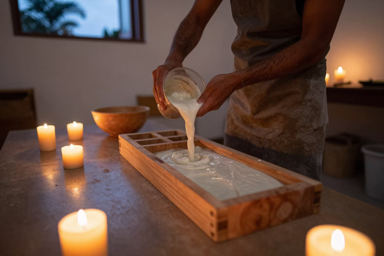 Soap Maker Pours Lye Mixture into Wooden Molds in in a rehearsal room in Santiago de los Caballeros