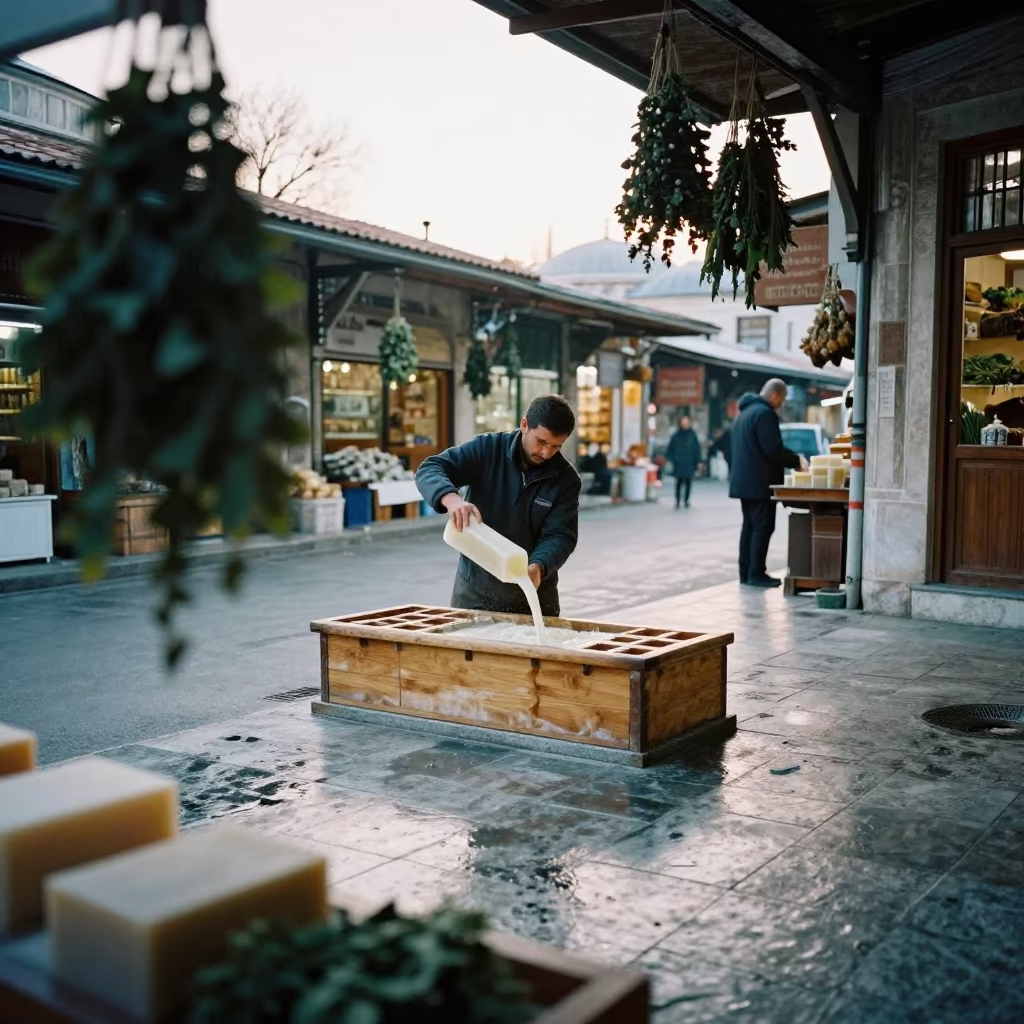 Soap Maker Pours Lye Into Wooden Molds in in a market hall in Istanbul