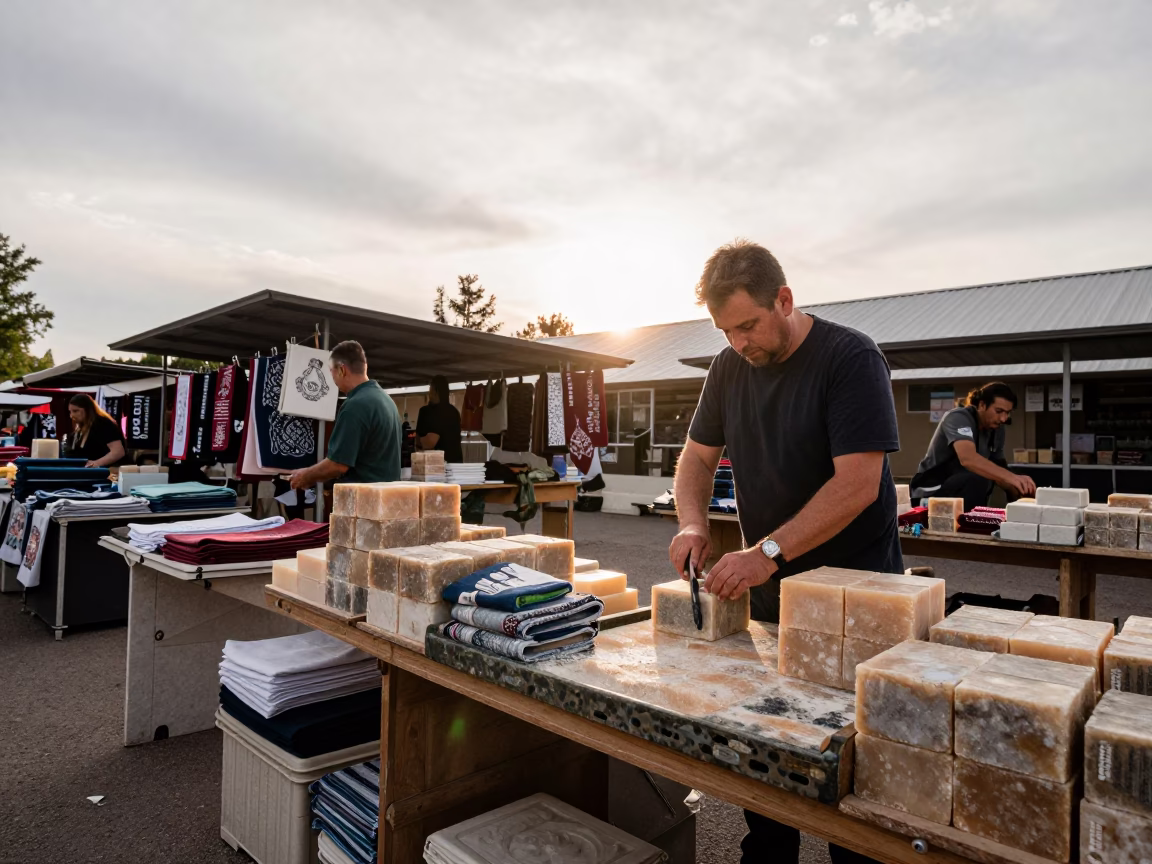 Soap Vendor Cutting Bars at Calgary Market Stall in at a textile trader's stall in Calgary