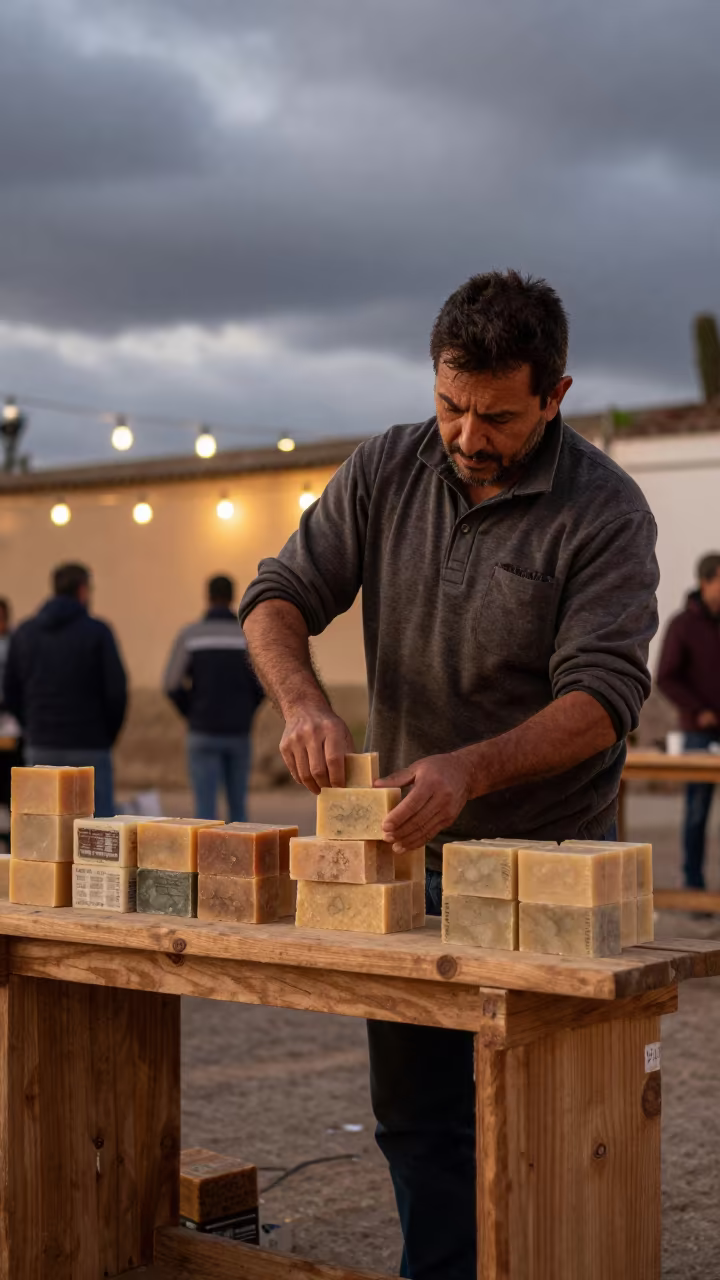Soap Vendor Cutting Bars at Twilight Market in at a flower auction bench in Cordoba Argentina